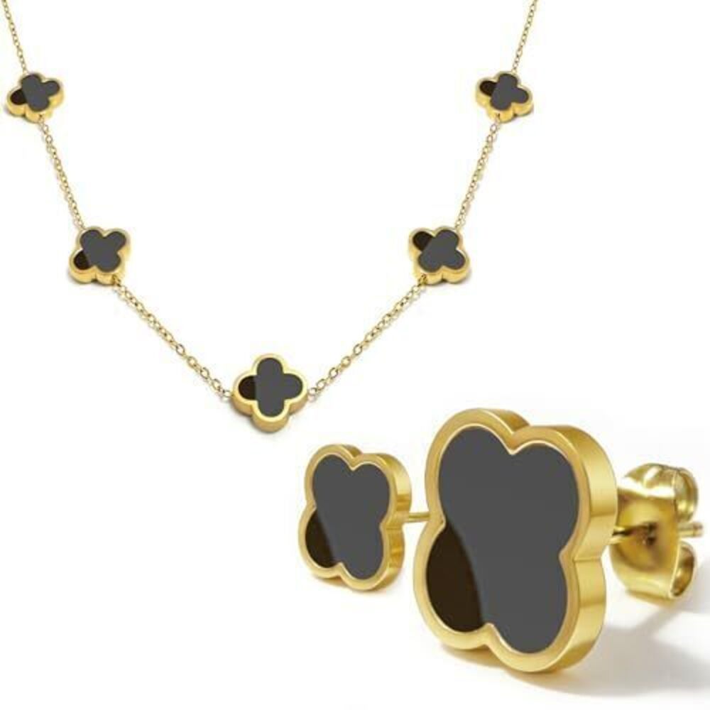 8189 18K Gold Plated Jewelry Set, Clover Necklace Stud Earrings